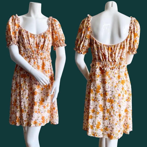 ASTR Floral Daisy Wild Flower Orange Mini Dress Short Puff Sleeve Boho Smock XL - Picture 1 of 11